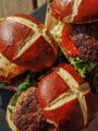 halloumi and beef burgers with brioche buns. 
