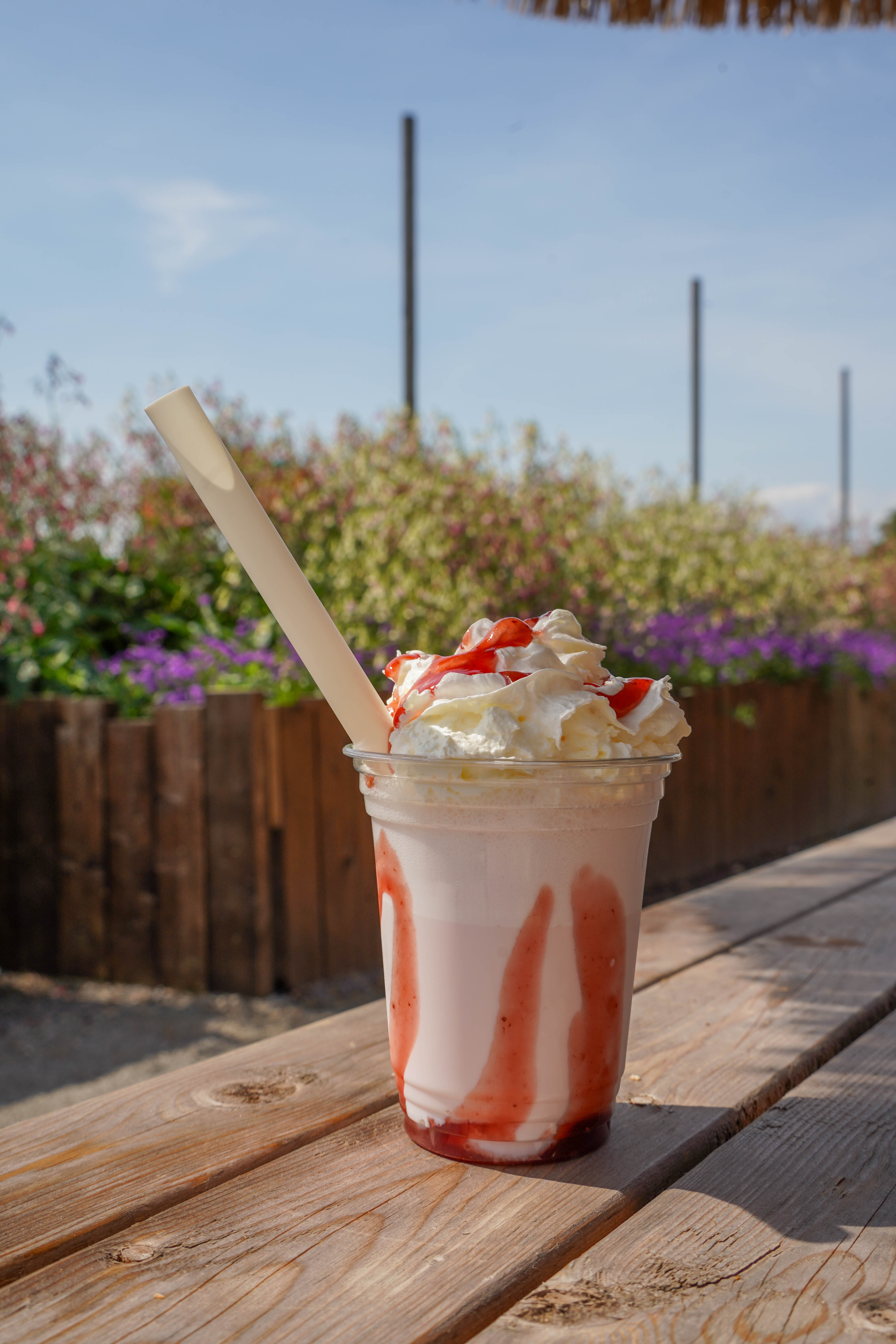 Strawberry milkshake, topped with strawberry sauce and cream, on picnic bench outside Farm Shop. 