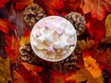 hot drink with cream and marshmallows. Background decorated with red leaves and pinecones. 